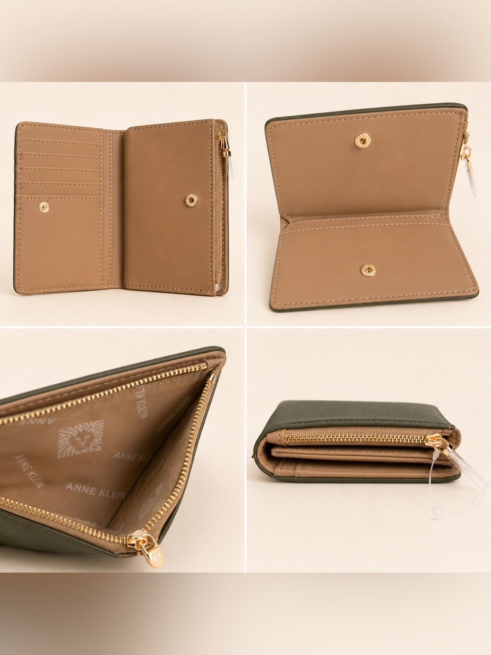 NWT 💚🤎💚 Anne Klein Dark Olive Slim Bifold Wallet with Tan Interior - Picture 2 of 2